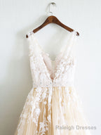 Champagne V Neck Tulle Lace Applique Long Prom Dress, Evening Dress