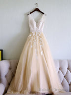Champagne V Neck Tulle Lace Applique Long Prom Dress, Prom Dress