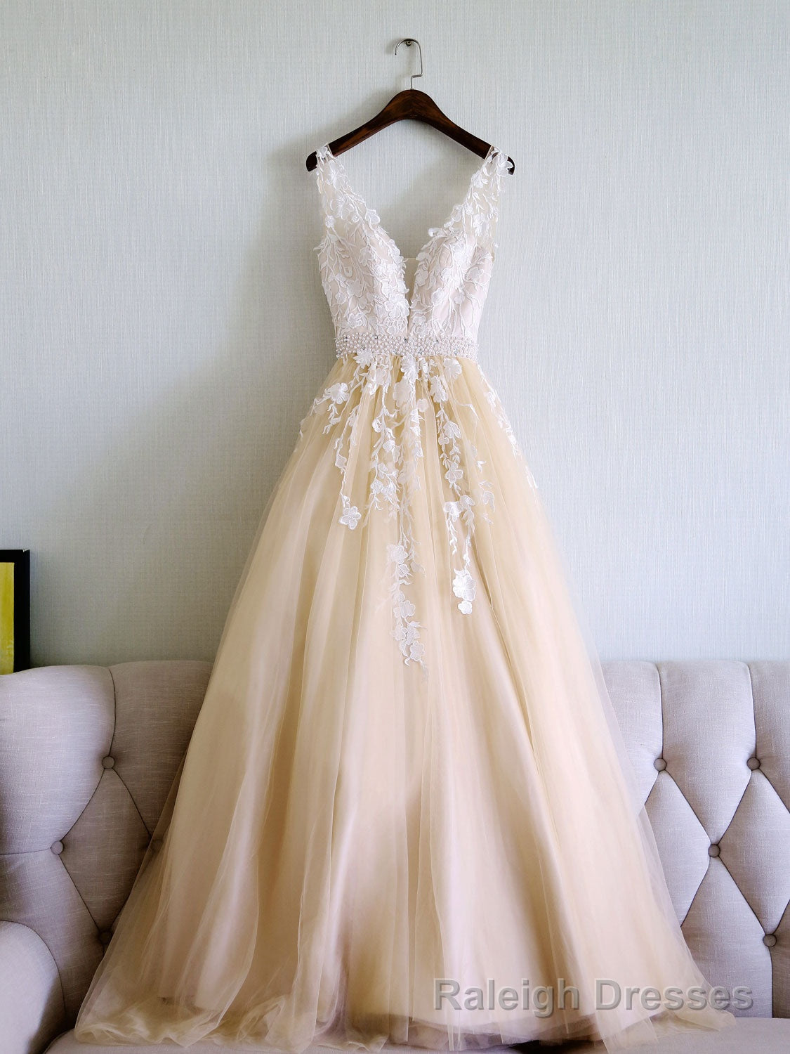 Champagne V Neck Tulle Lace Applique Long Prom Dress, Prom Dress