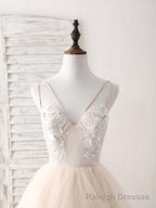 Champagne V Neck Tulle Lace Applique Long Prom Dress Sweet 16 Dress