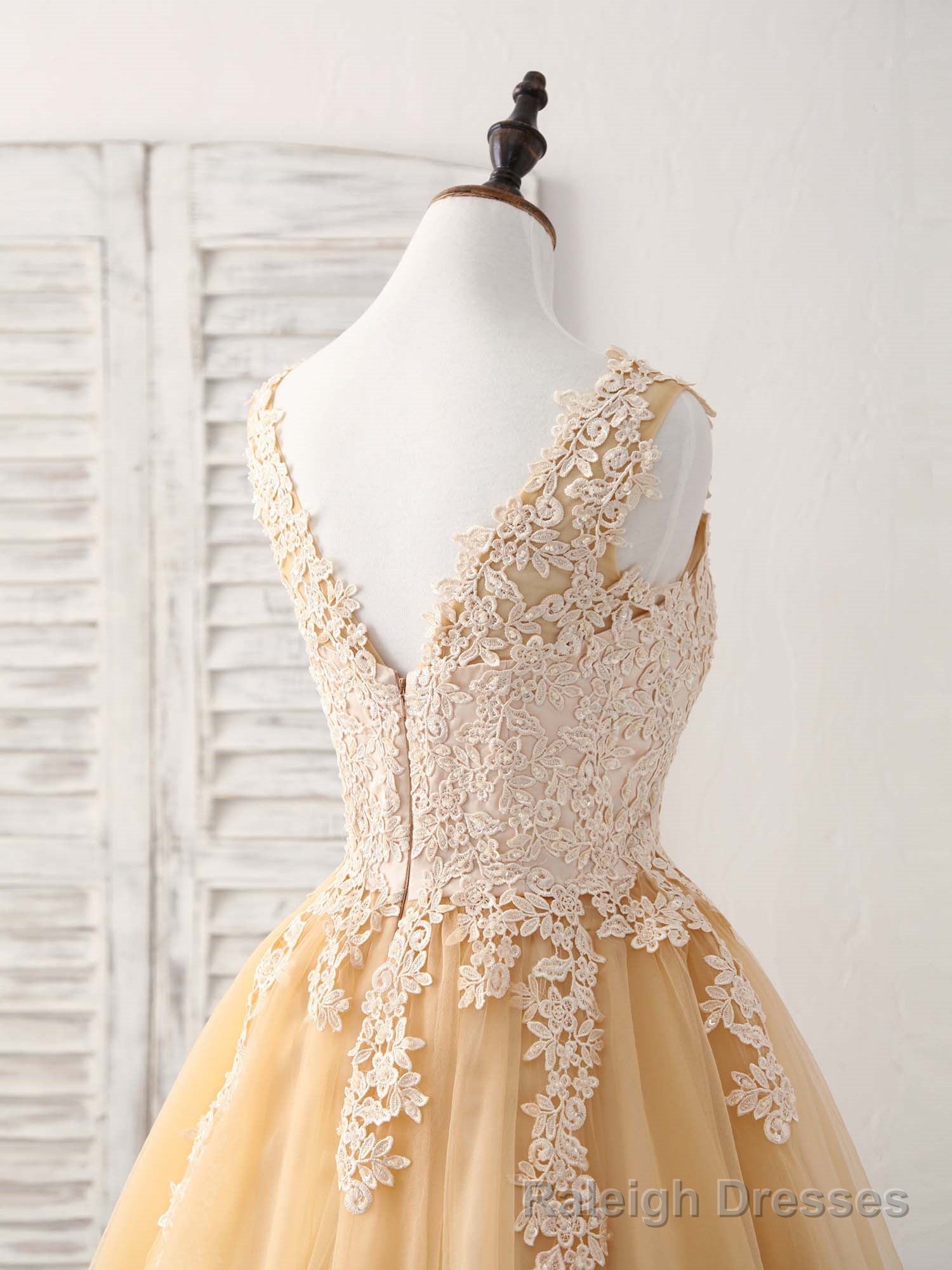 Champagne V Neck Tulle Lace Applique Short Prom Dresses