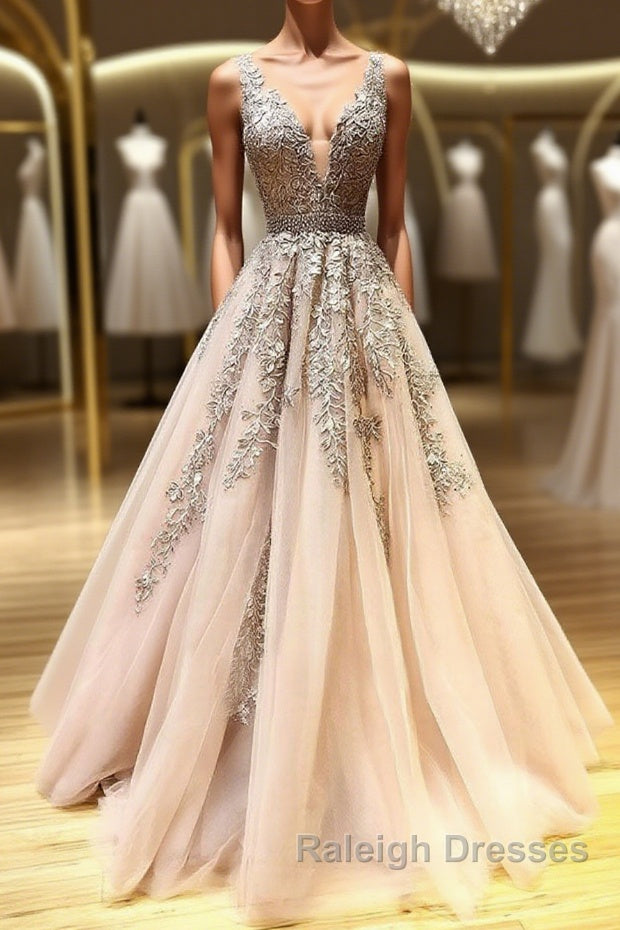 Champagne v neck tulle lace beads long prom dress tulle formal dress