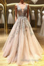 Champagne v neck tulle lace beads long prom dress tulle formal dress