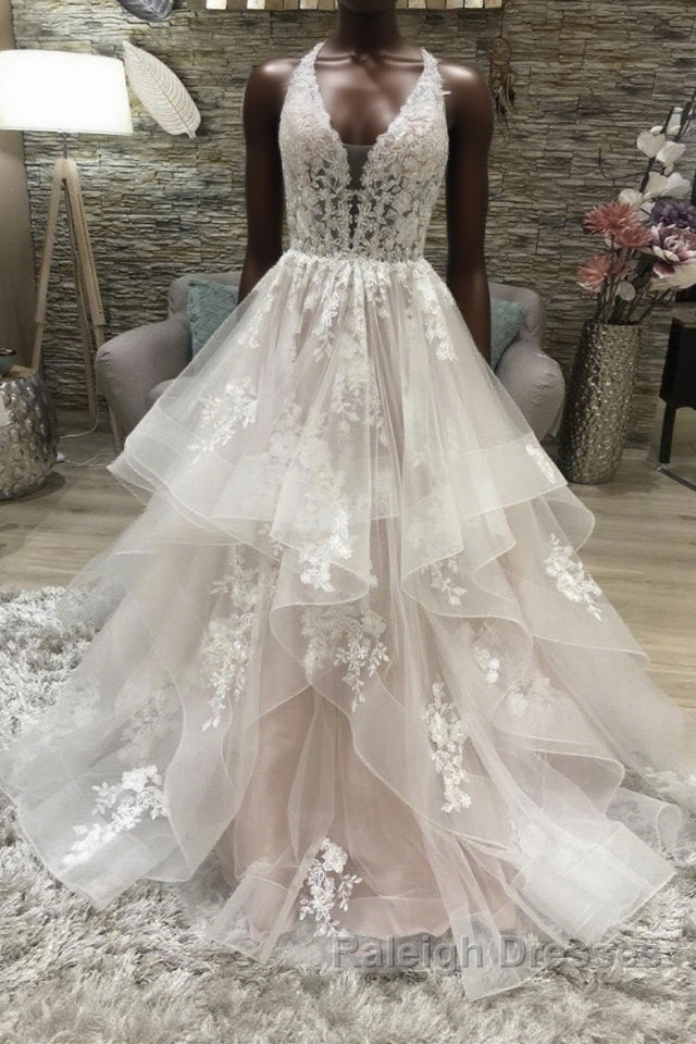 Champagne v neck tulle lace long prom dress, champagne evening dress Main image
