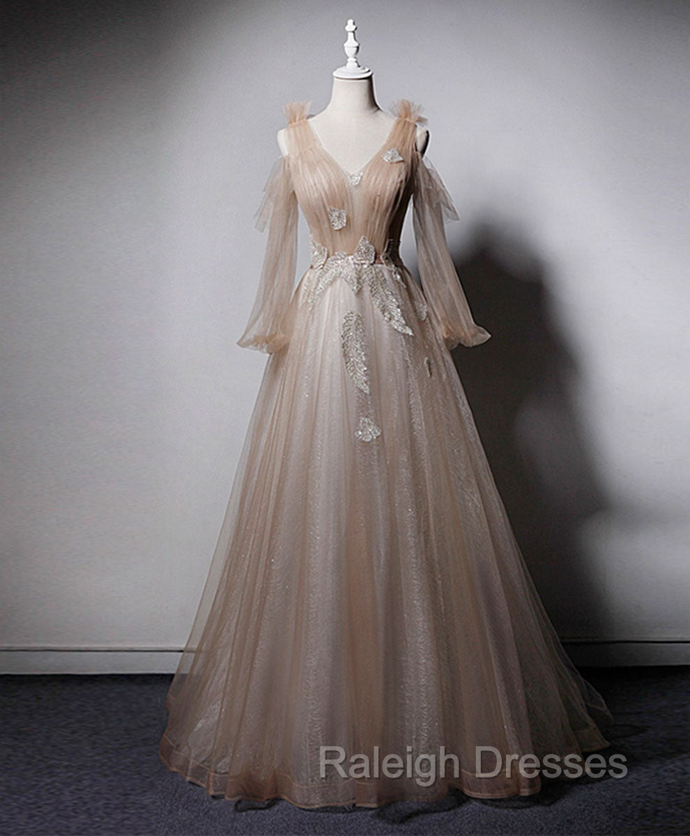 Champagne V Neck Tulle Lace Long Prom Dress, Champagne Formal Evening Dress Main image
