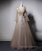 Champagne V Neck Tulle Lace Long Prom Dress, Champagne Formal Evening Dress