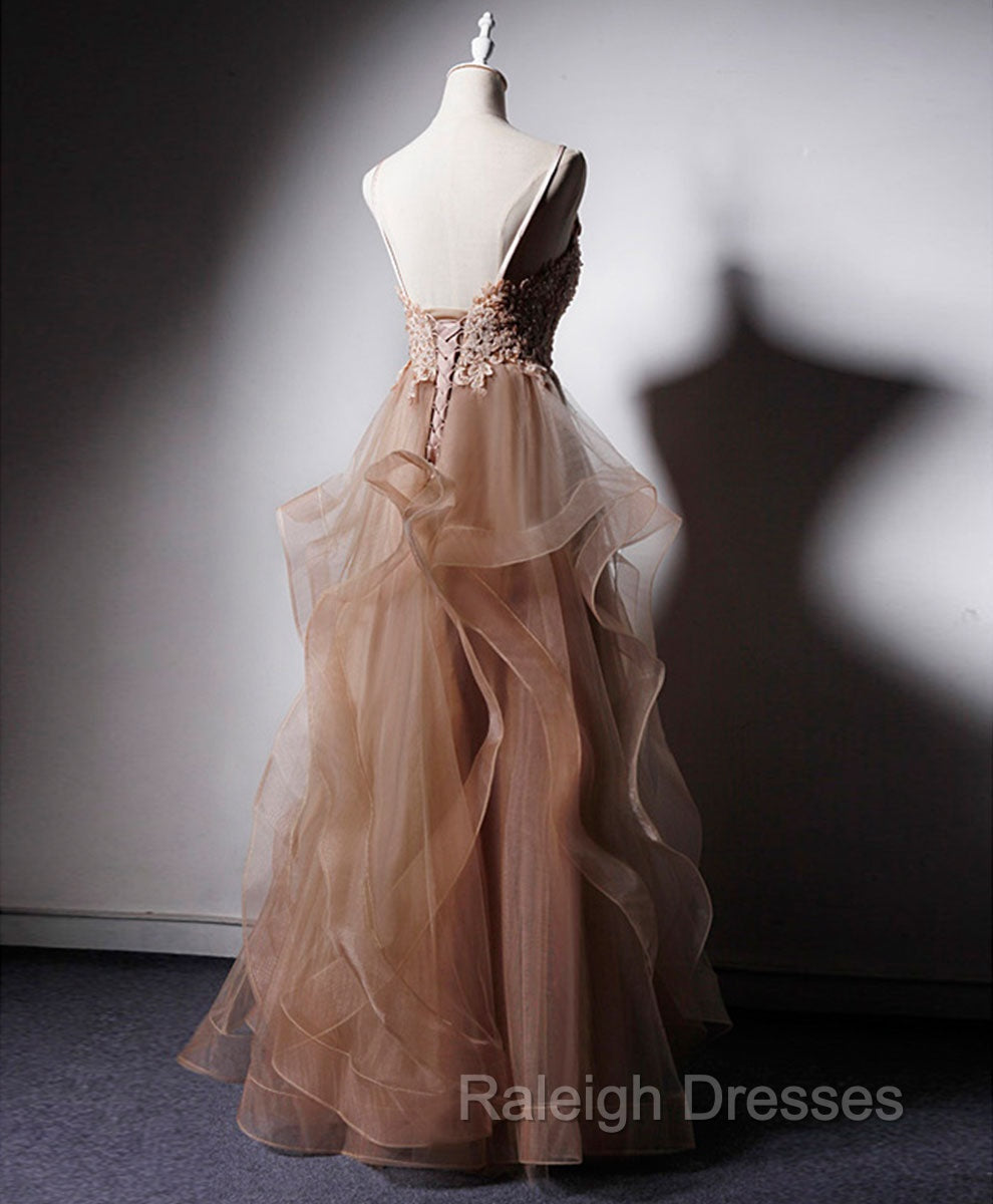 Champagne V Neck Tulle Lace Long Prom Dress, Champagne Graduation Dress Secondary image
