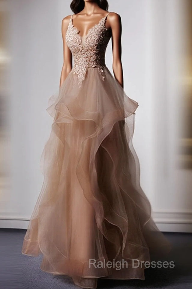 Champagne V Neck Tulle Lace Long Prom Dress, Champagne Graduation Dress