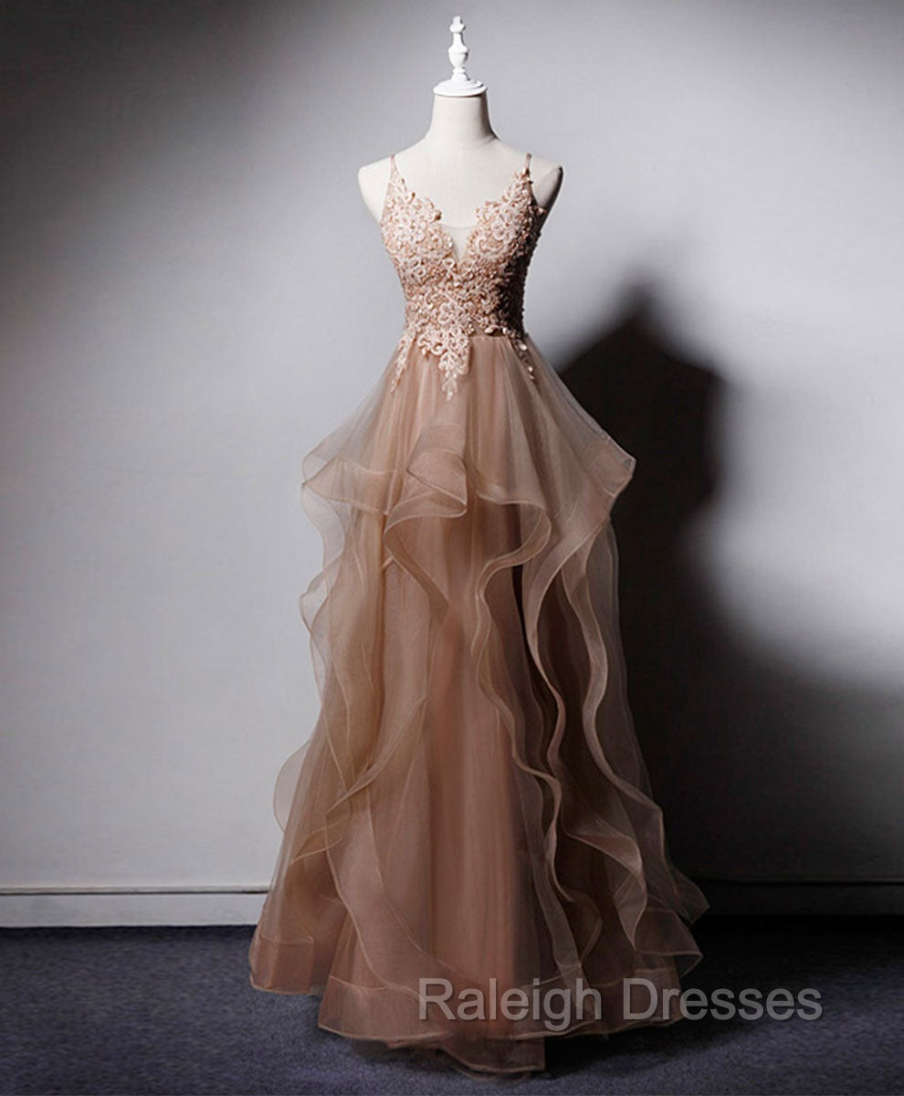 Champagne V Neck Tulle Lace Long Prom Dress, Champagne Graduation Dress Main image
