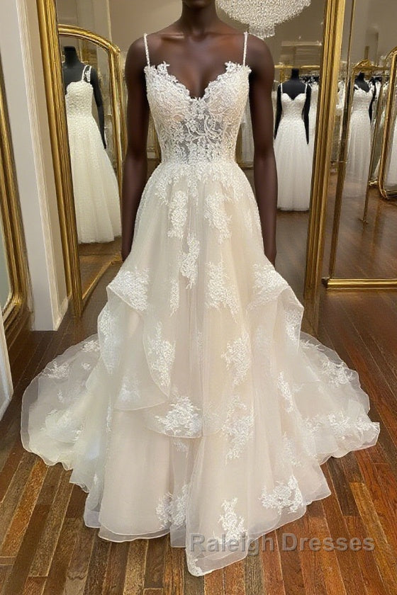 Champagne v neck tulle lace long prom dress, champagne lace evening dress Main image