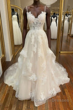 Champagne v neck tulle lace long prom dress, champagne lace evening dress