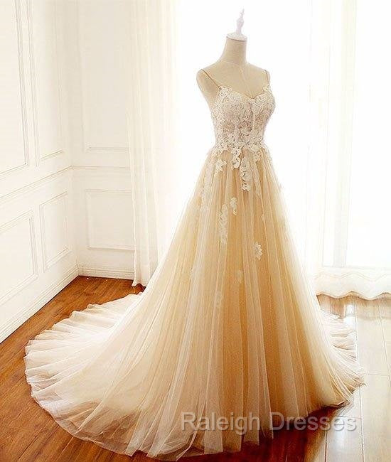 Champagne V Neck Tulle Lace Long Prom Dress, Champagne Tulle Evening Dress