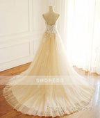 Champagne V Neck Tulle Lace Long Prom Dress, Champagne Tulle Evening Dress