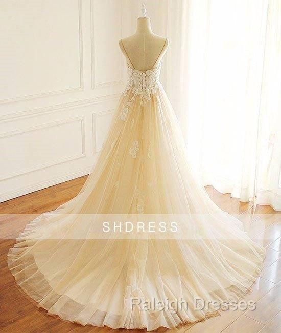 Champagne V Neck Tulle Lace Long Prom Dress, Champagne Tulle Evening Dress