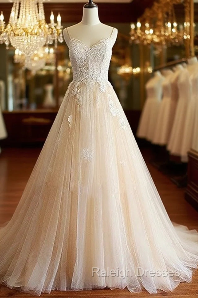 Champagne V Neck Tulle Lace Long Prom Dress, Champagne Tulle Evening Dress Main image