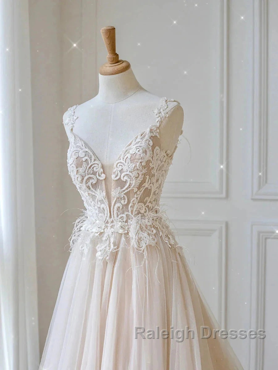 Champagne V Neck Tulle Lace Prom Dresses Long Prom Dresses A-Line Sleeveless Prom Dresses Secondary image