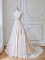 Champagne V Neck Tulle Lace Long Prom Dress Evening Dress A Line Sleeveless Formal Dress