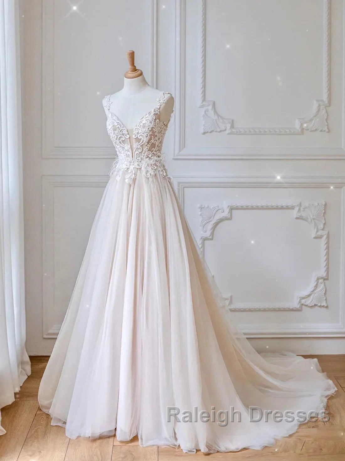 Champagne V Neck Tulle Lace Long Prom Dress Evening Dress A Line Sleeveless Formal Dress