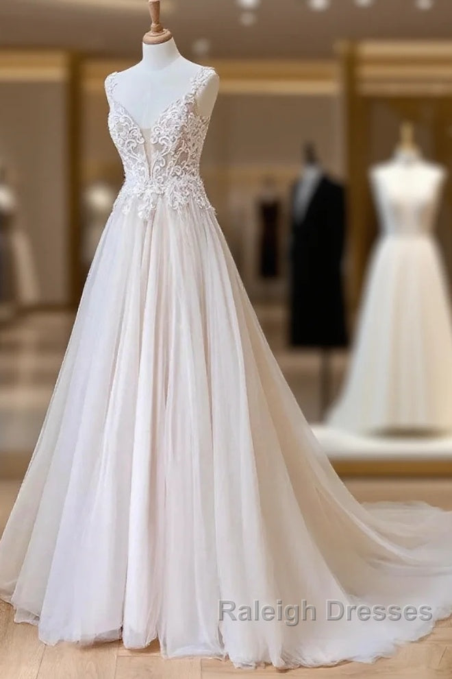 Champagne V Neck Tulle Lace Prom Dresses Long Prom Dresses A-Line Sleeveless Prom Dresses