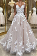 Champagne v neck tulle lace long prom dress lace tulle formal dress