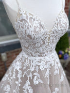 Champagne v neck tulle lace Prom Dresses Long lace tulle Prom Dresses