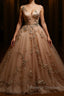 Champagne v neck tulle lace prom dress, champagne tulle evening dress