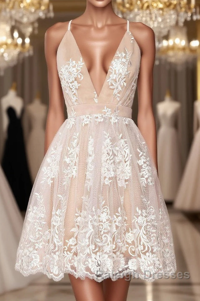 Champagne v neck tulle lace short prom dress champagne tulle bridesmaid dress