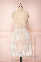 Champagne v neck tulle lace short prom dress champagne tulle bridesmaid dress