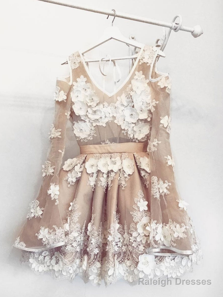 Champagne V Neck Tulle Lace Short Prom Dress Lace Bridesmaid Dress Main image