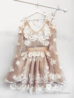 Champagne V Neck Tulle Lace Short Prom Dress Lace Bridesmaid Dress