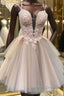 Champagne v neck tulle lace short prom dress lace homecoming dress