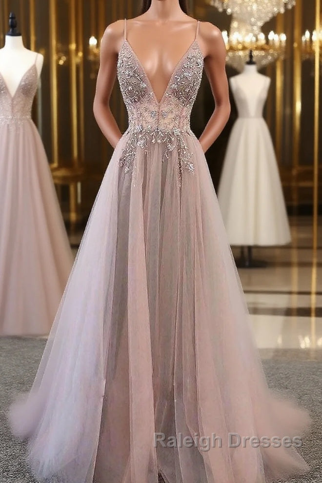 Champagne v neck tulle long prom Dresses champagne Prom Dresses