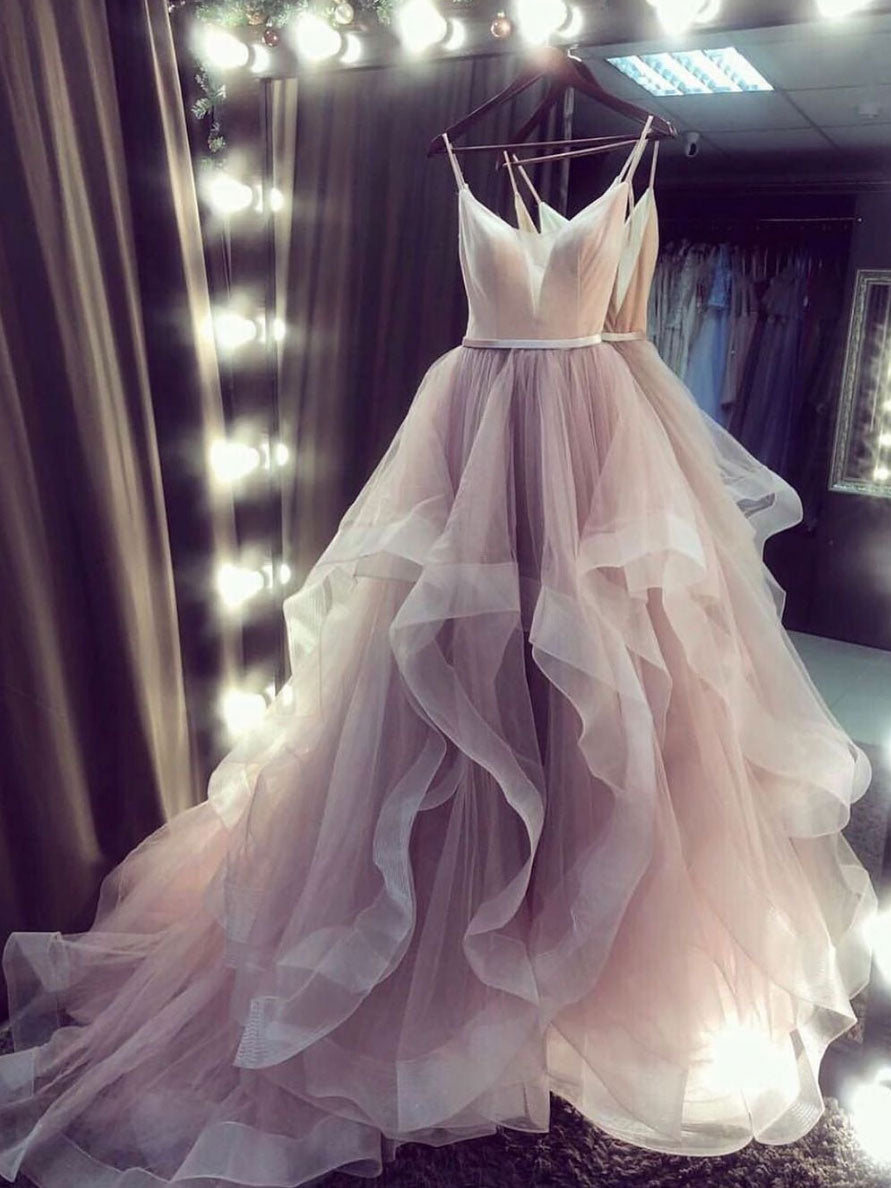 Champagne V Neck Tulle Long Formal Prom Dress Champagne Prom Dress Main image