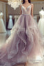 Champagne v neck tulle long prom dress champagne tulle formal dress