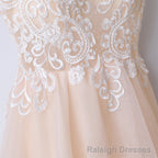 Champagne V Neck Tulle Long Prom Dress, Lace Evening Dress