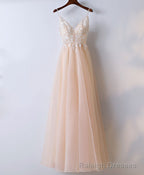 Champagne V Neck Tulle Long Prom Dress, Lace Prom Dress