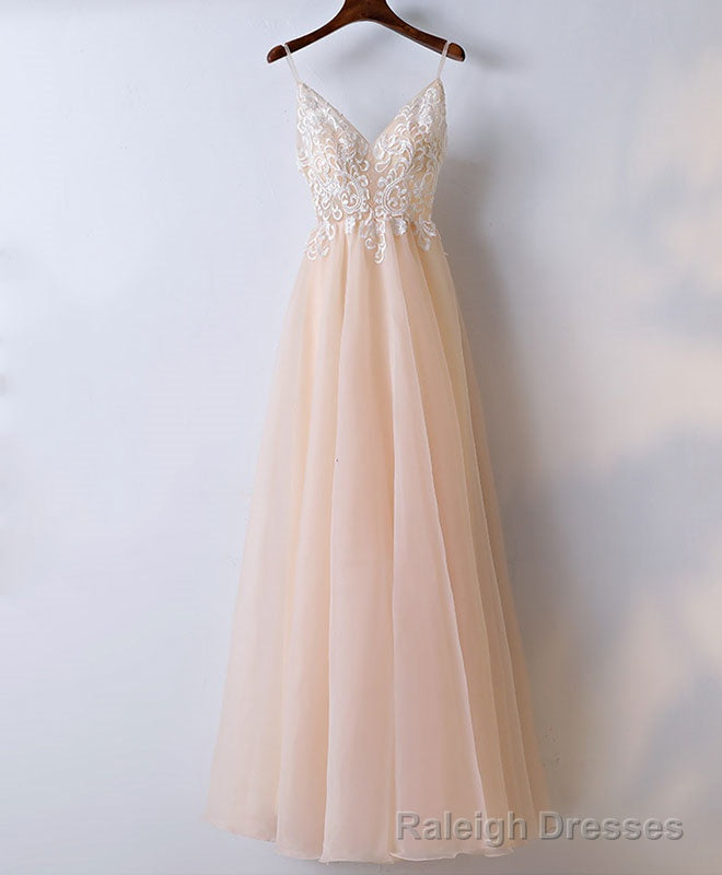 Champagne V Neck Tulle Long Prom Dress, Lace Prom Dress