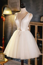 Champagne V-Neck Tulle Short Prom Dress, Champagne Homecoming Dress