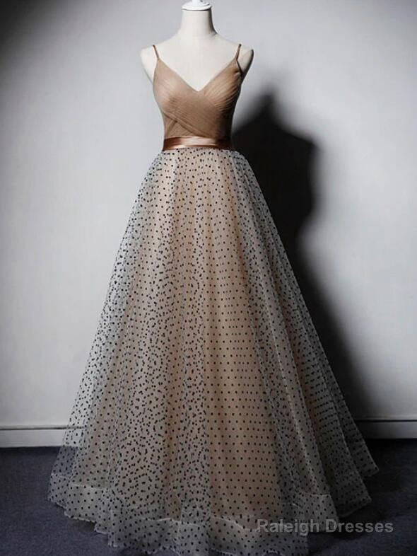 Champagne V-Neckline Straps Long Party Dress Prom Dress, A-Line Tulle Evening Dresses Main image