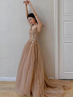 Champagne V-Neckline Tulle With Lace Party Dress, A-Line Tulle Evening Dress