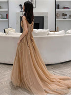 Champagne V-Neckline Tulle With Lace Party Dress, A-Line Tulle Evening Dress