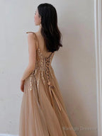Champagne V-Neckline Tulle With Lace Party Dress, A-Line Tulle Evening Dress