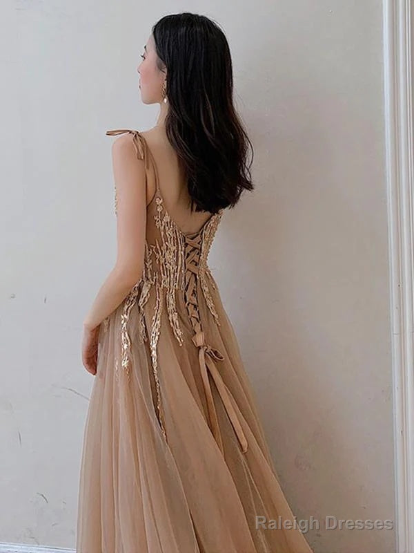Champagne V-Neckline Tulle With Lace Prom Dresses A-Line Tulle Prom Dresses