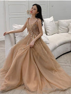 Champagne V-Neckline Tulle With Lace Party Dress, A-Line Tulle Evening Dress
