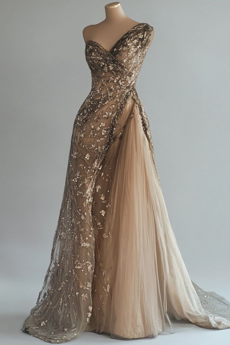 Champagne Vintage A-Line One-Shoulder Sequined Tulle Long Prom Dresses