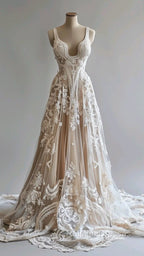 Champagne Vintage A-Line Spaghetti Strap Lace Tulle Long Prom Dress Wedding Dress