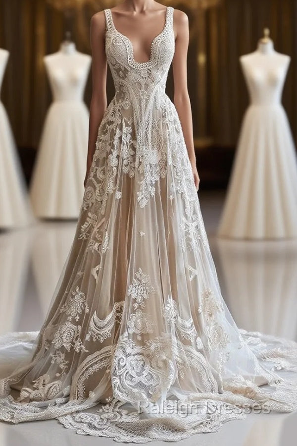 Champagne Vintage A-Line Spaghetti Strap Lace Tulle Long Prom Dress Wedding Dress Main image