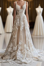 Champagne Vintage A-Line Spaghetti Strap Lace Tulle Long Prom Dress Wedding Dress