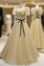 Champagne Wave Point Puff Sleeve Prom Dress