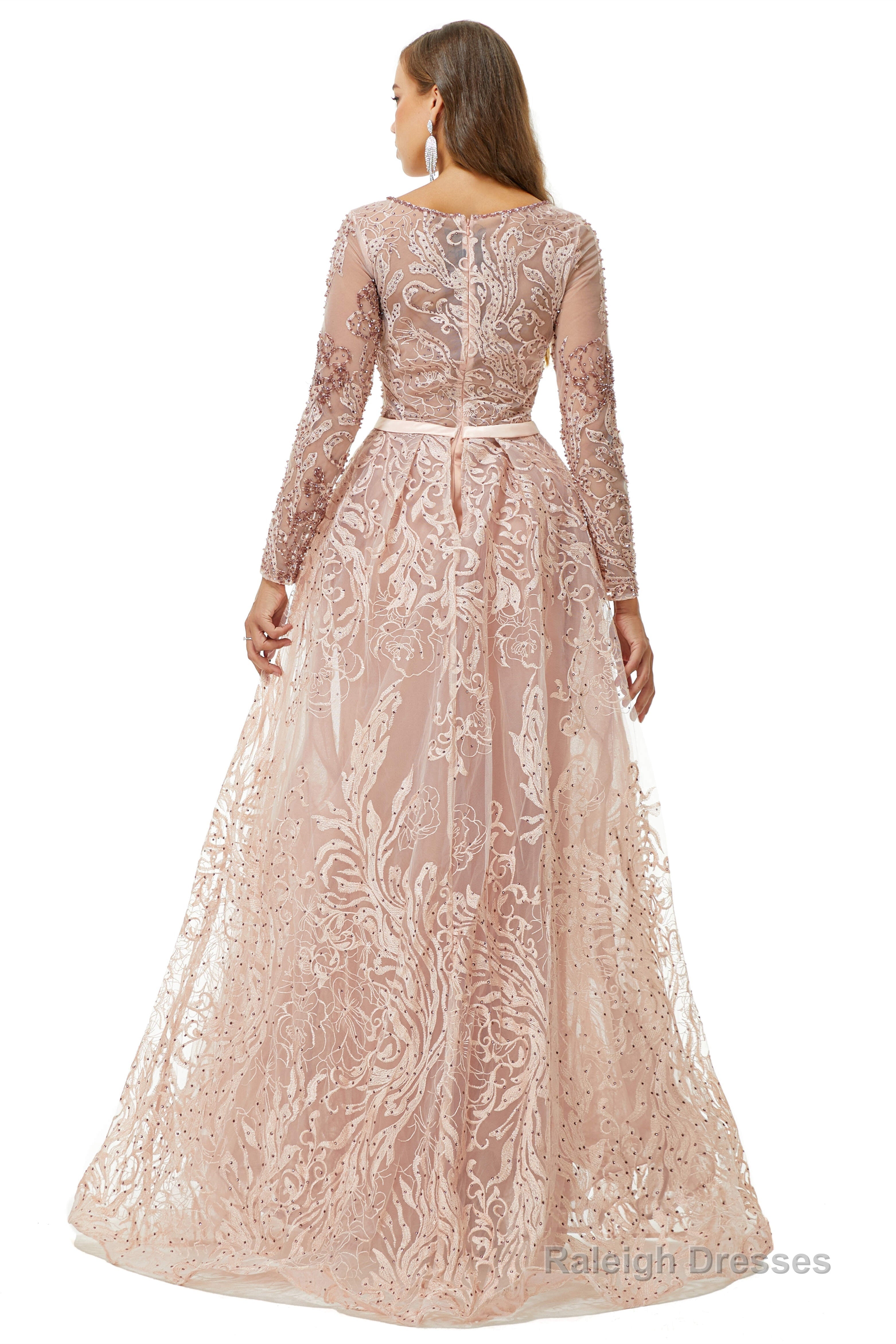 A-Line Tulle Beading Mermaid Long sleeves Prom Dresses with Overskirt